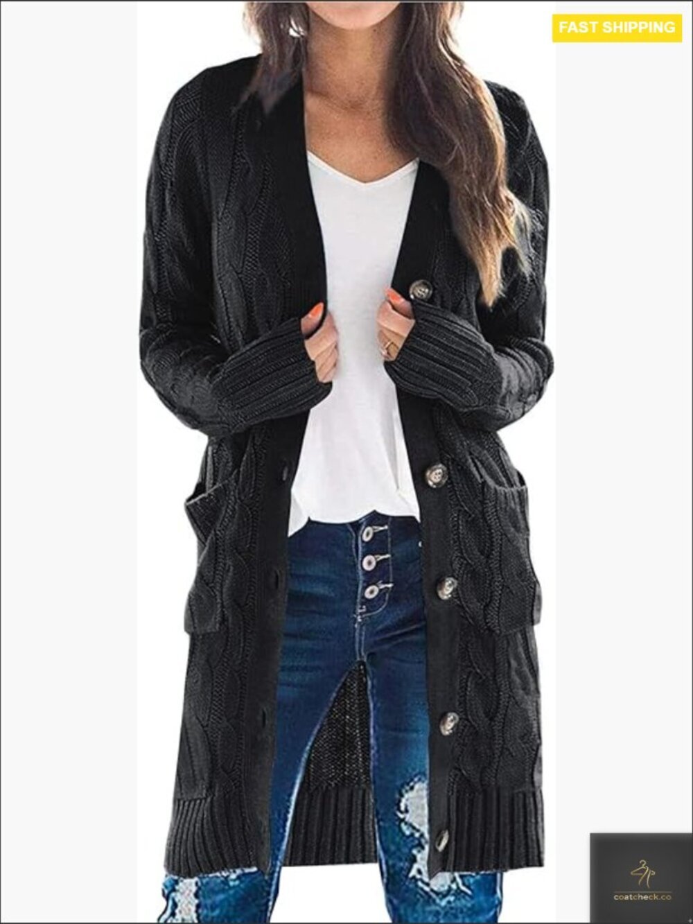 Chunky Cable Knit Open Front Long Cardigan with Pockets Cozy Layering Piece